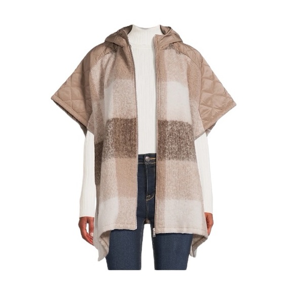 Time And Tru Plaid Stone Hooded Zipper Poncho Sweater - Picture 6 of 9